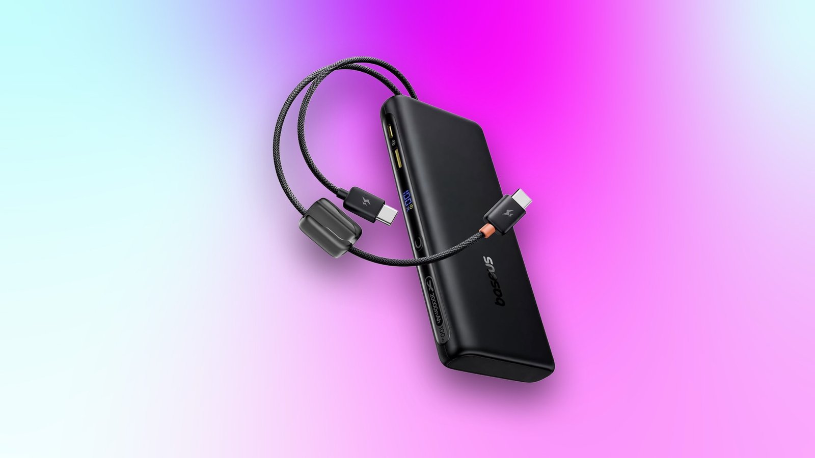Baseus 100W power bank featured against a gradient background.