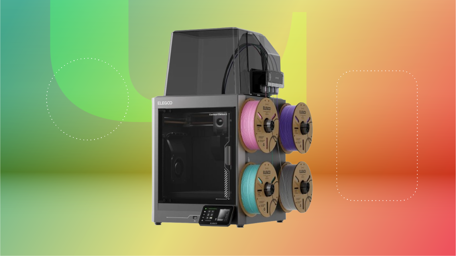 Black Elegoo 3D printer with filaments against a colorful background
