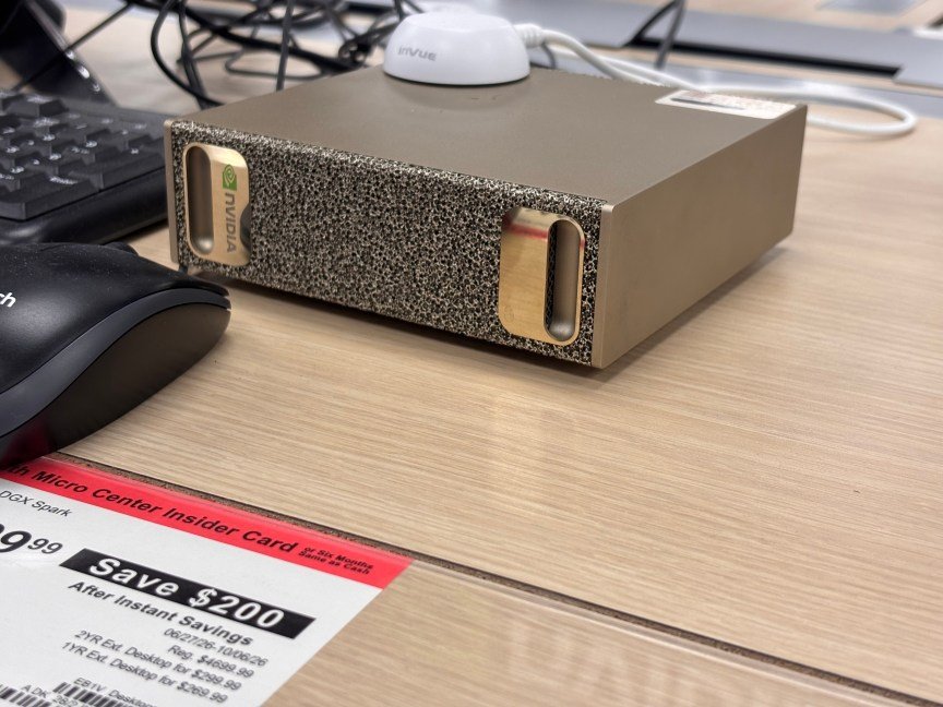 An Nvidia DGX Spark computer sits on a table at Micro Center.
