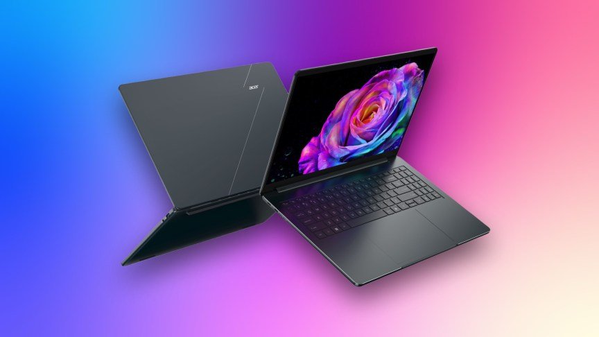 The Swift Air 16 facing front and facing back on a blue, purple and pink CNET background.